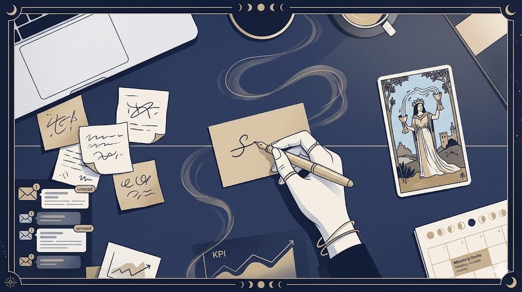 A quick-start illustration for forming a clear career tarot question before drawing a card.