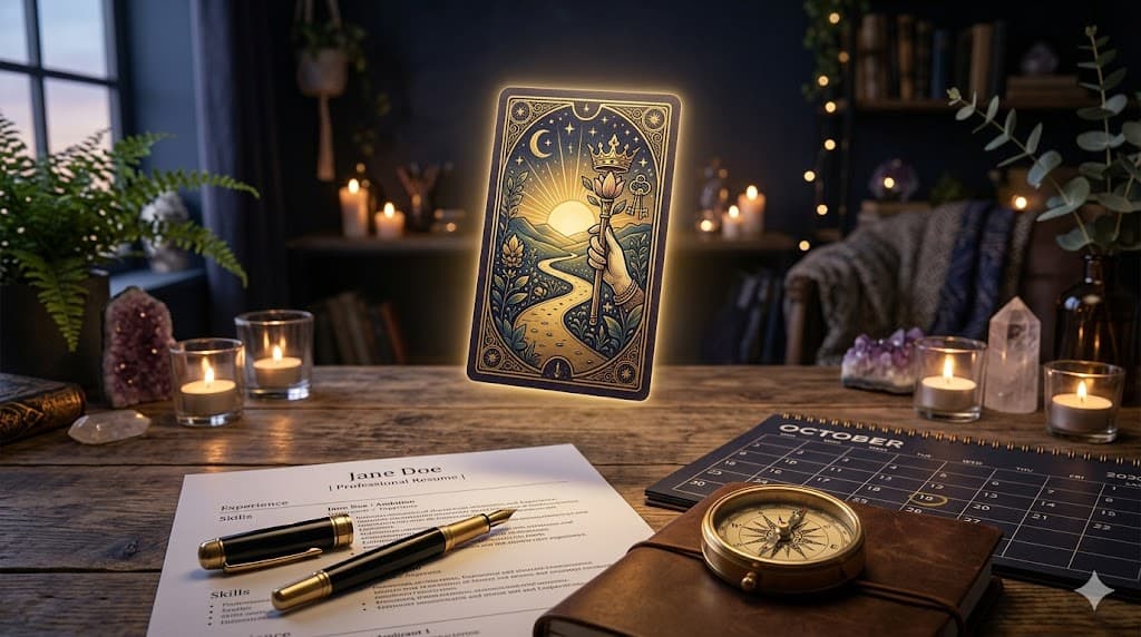 A one-card career tarot reading setup with a tarot card, resume, calendar, and compass.