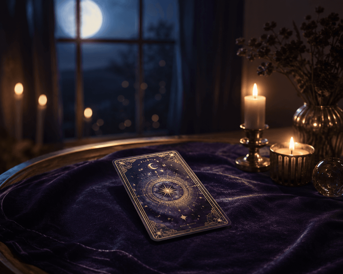 One card love reading with a single tarot card in warm candlelight.