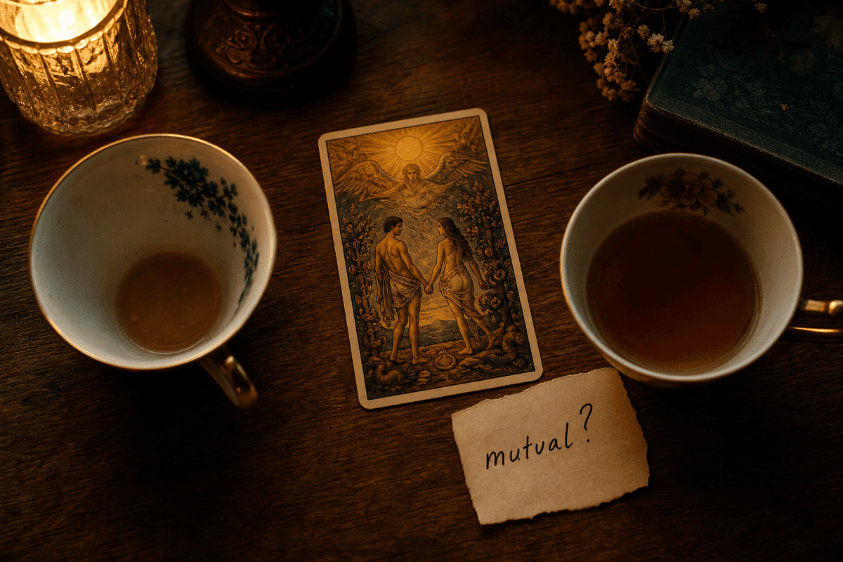 Is he the one tarot reciprocity image: two tea cups and one card on a wooden table.