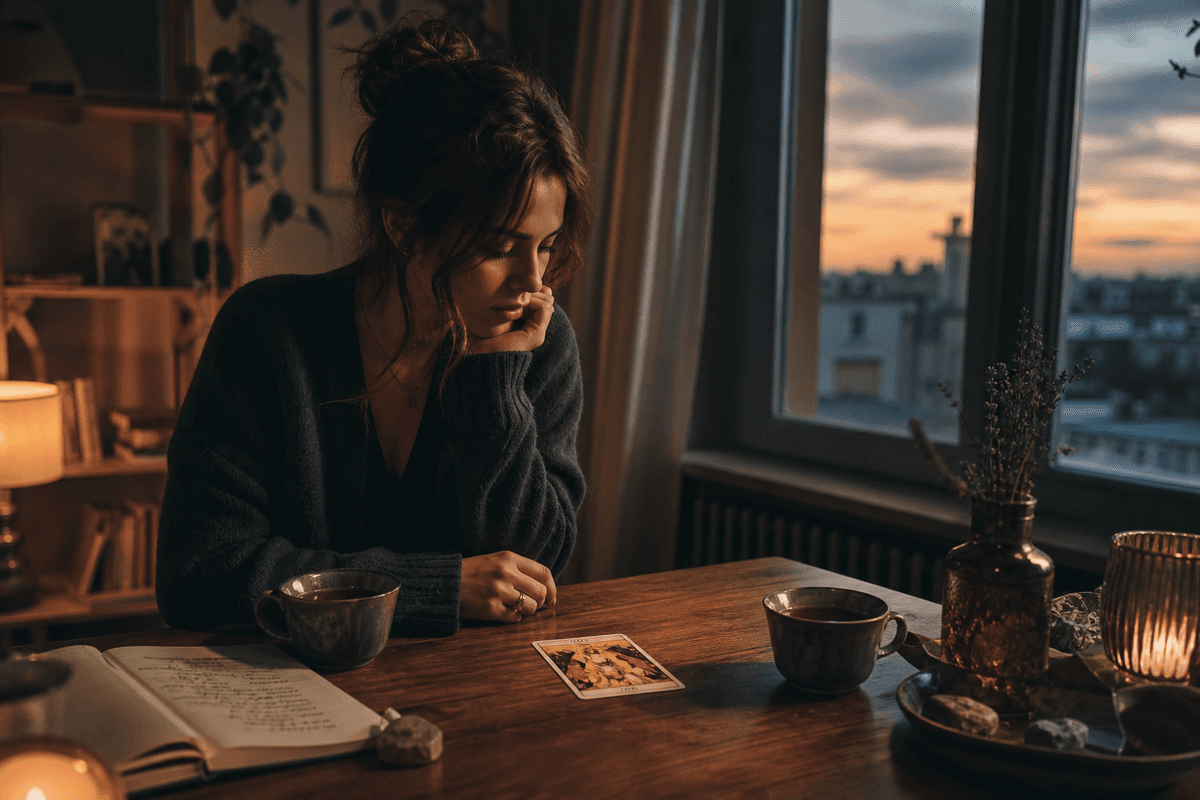 Is he the one tarot scene: a woman at dusk with one card face-up and a second cup of tea across the table.