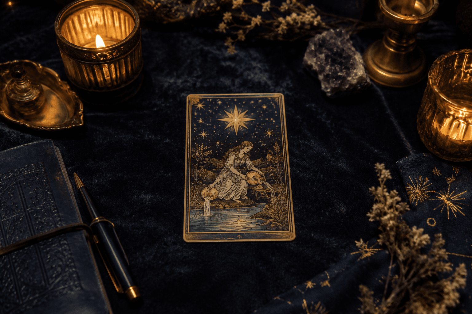 One card tarot reading image showing a single drawn tarot card in a calm mystical setting