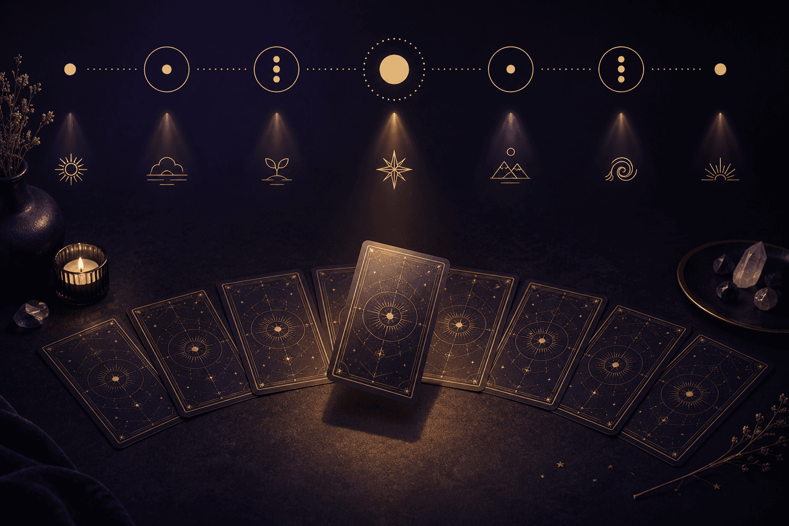 A simple visual showing how a daily tarot draw works with a small arc of cards and one selection.