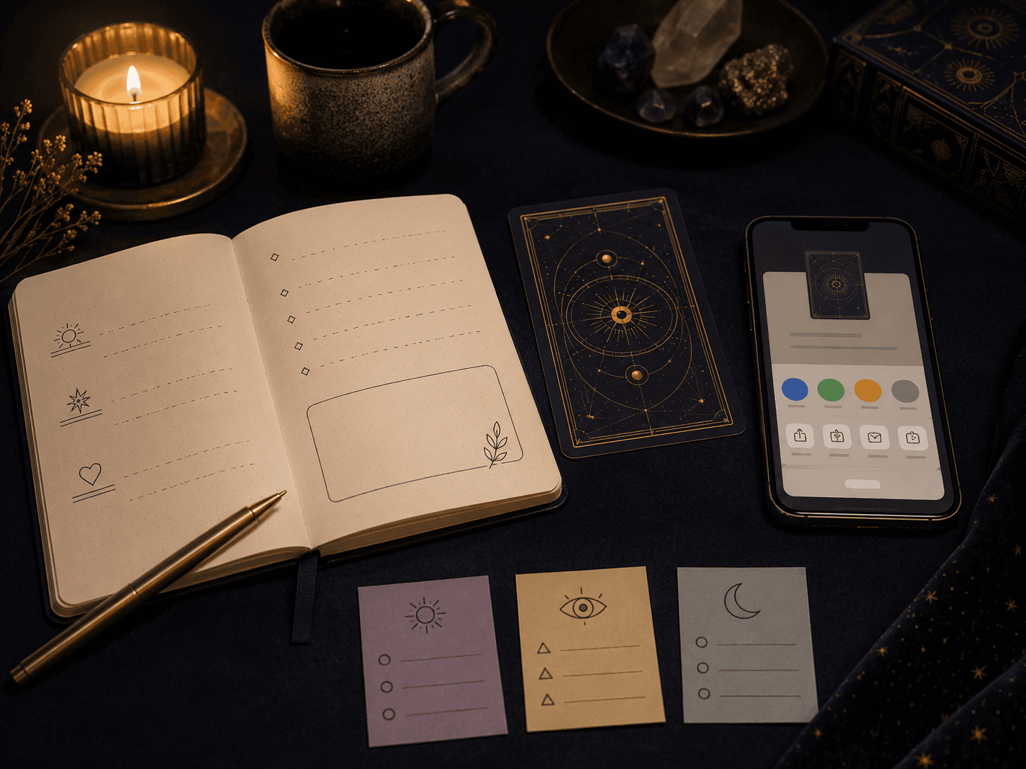 A share-ready daily tarot image with a tarot card, keywords, and a short message.