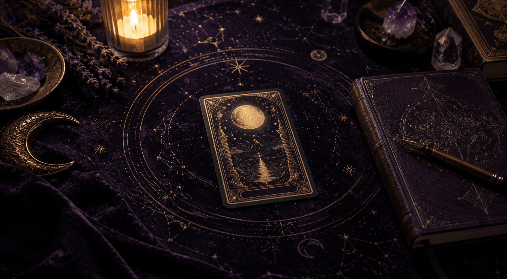How one card tarot works with a focused tarot ritual setup, journal, candle, and a single tarot draw