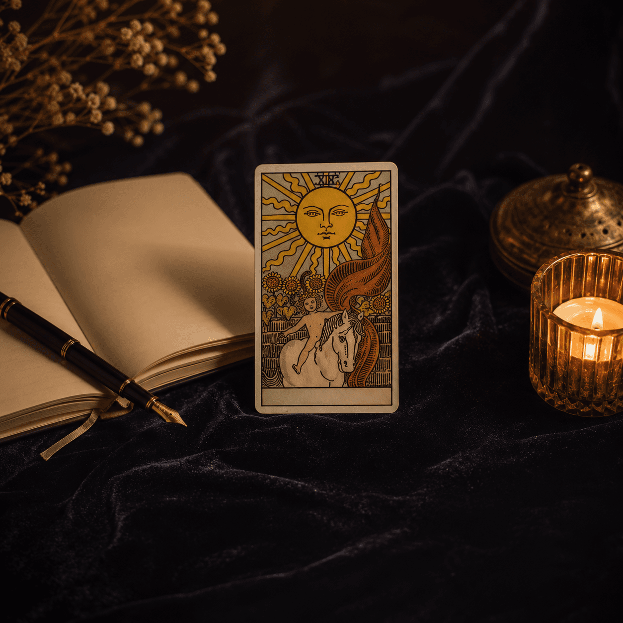 Yes or no tarot reading with a single card illuminated by candlelight.