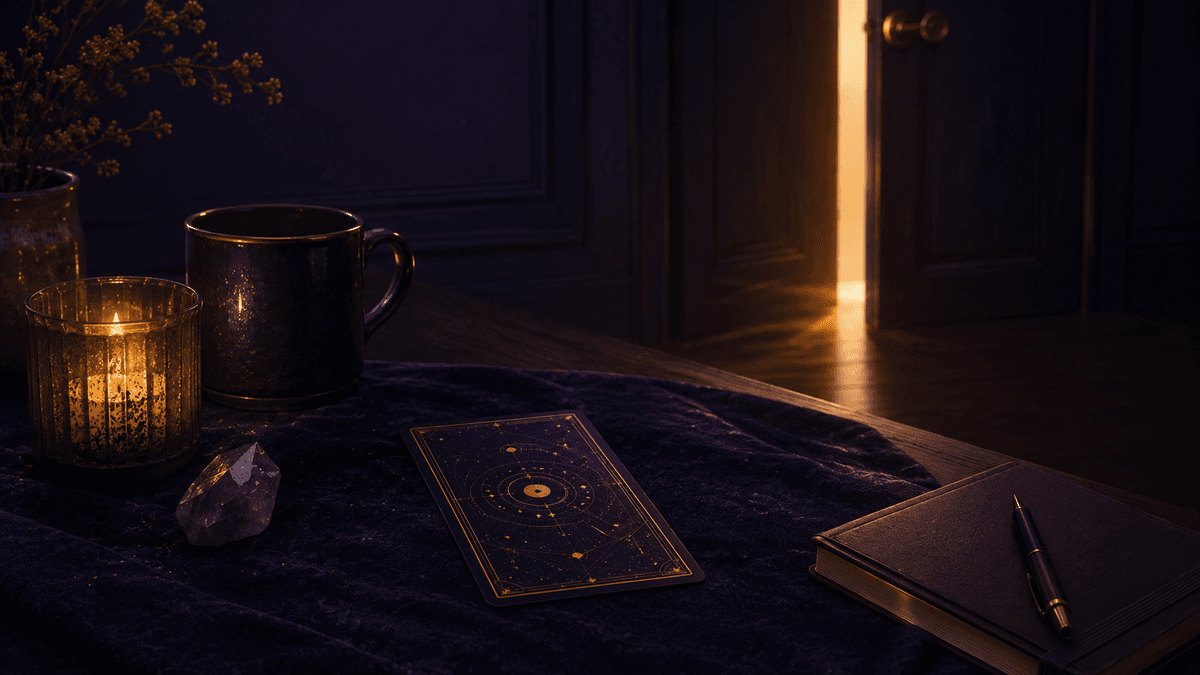 An ajar door and a single tarot card on a midnight desk, symbolizing the energy of reconnection reopening.