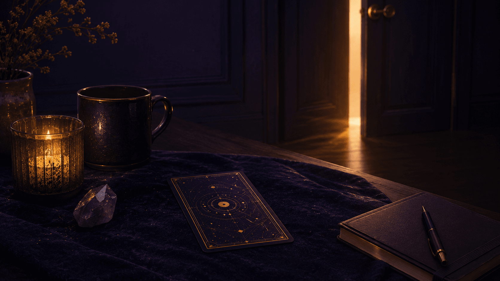 An ajar door and a single tarot card on a midnight desk, symbolizing the energy of reconnection reopening.