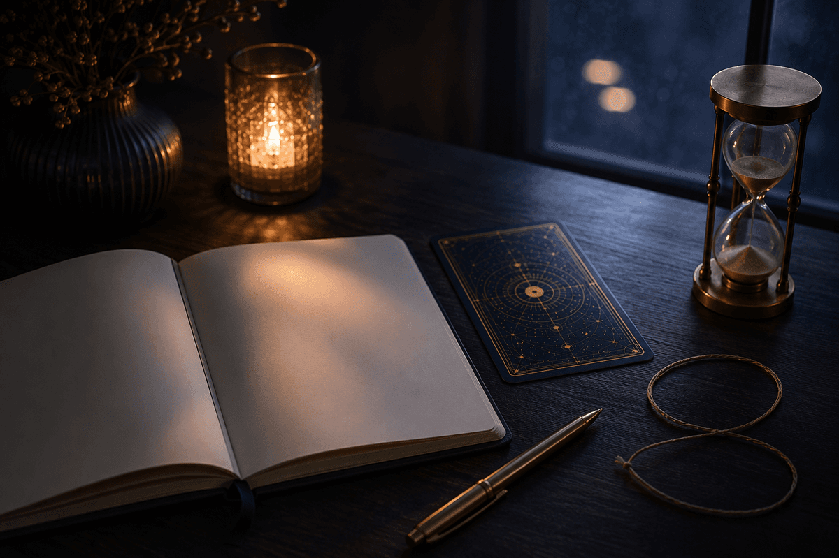 Does He Like Me Tarot cover image: a tarot card beside candlelight and a notebook, suggesting mixed signals and a clear next step.