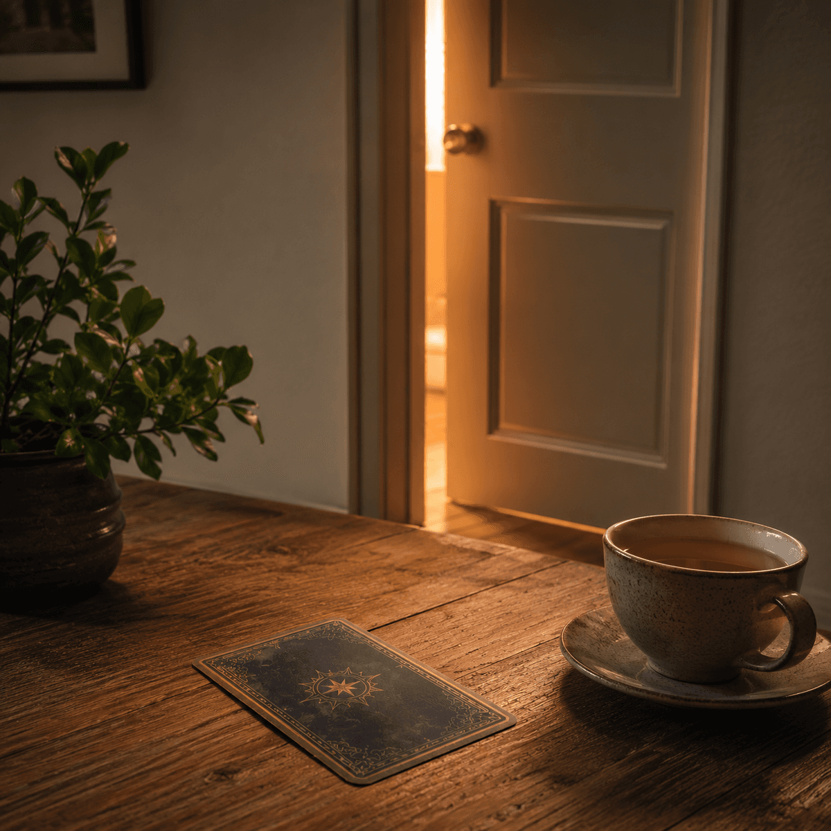 Does He Like Me Tarot boundary image: a tarot card on a wooden table beside a cup of tea with a door slightly ajar, symbolizing a calm boundary and a clear next step.