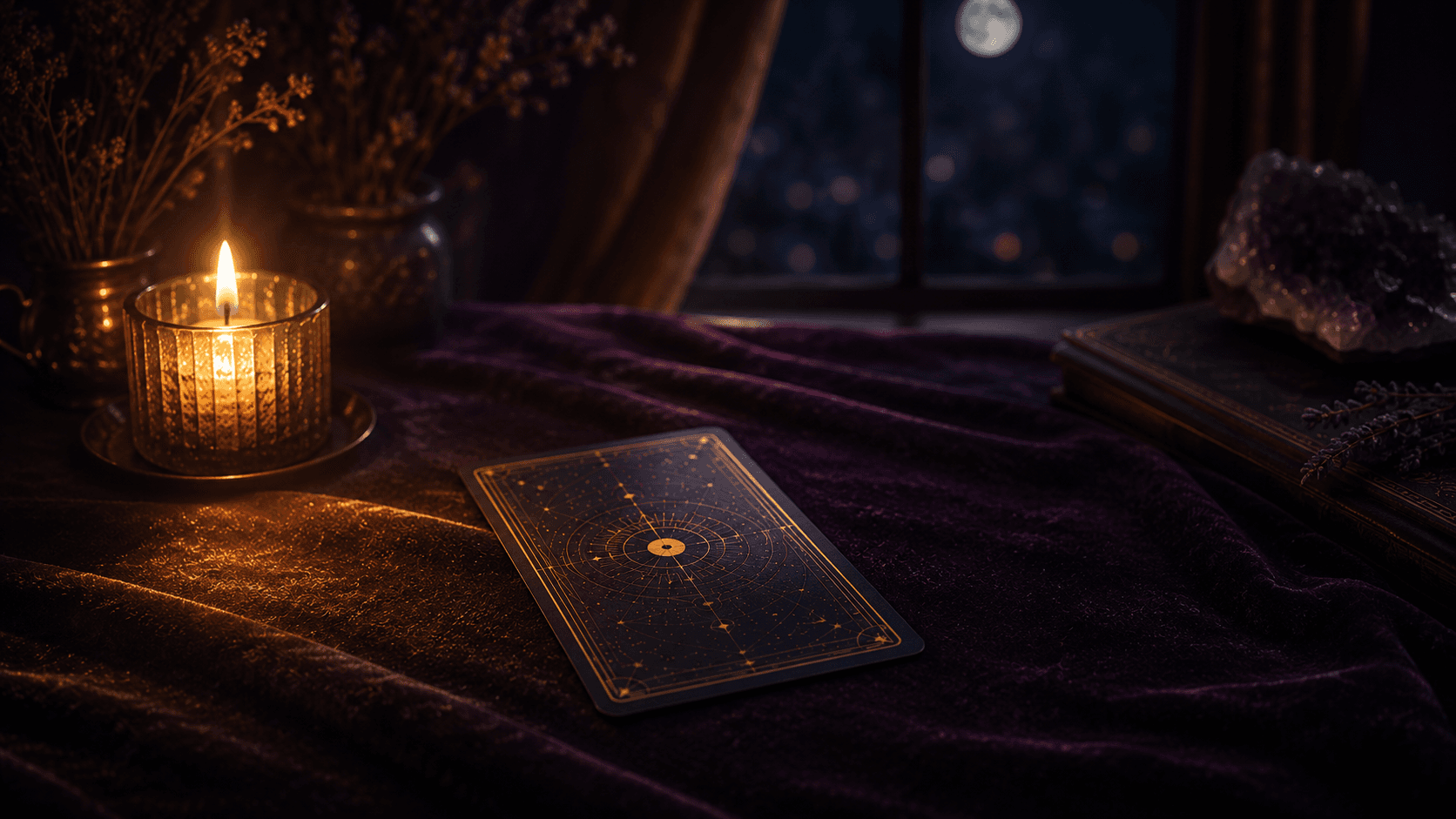 Does He Like Me Tarot hero image: a single tarot card on velvet in candlelight, ready for a calm one-card love reading.