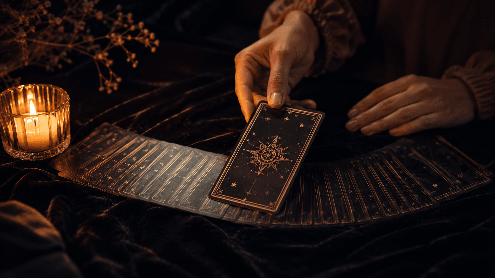A hand selecting one card from a fan of face-down tarot cards in candlelight.