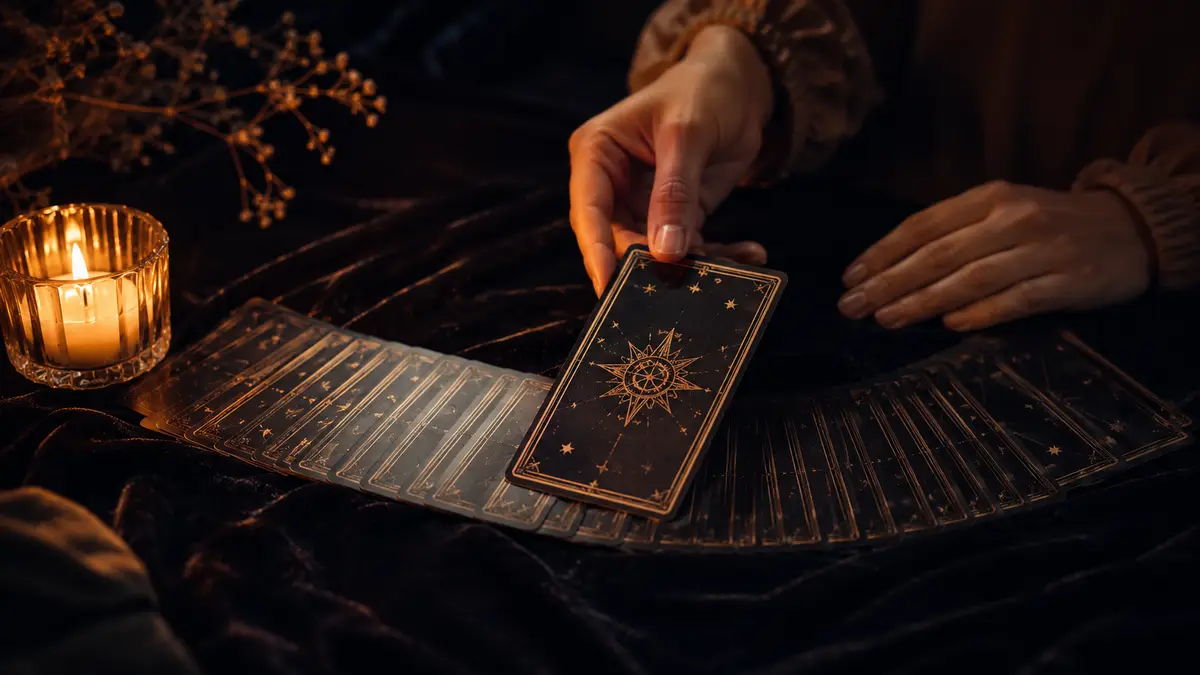 A hand selecting one card from a fan of face-down tarot cards in candlelight.