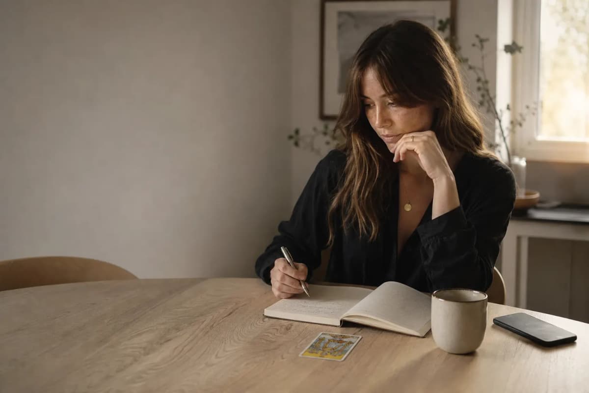 Woman at a light oak desk with a short written question and one face-up tarot card—clarity starts before the shuffle.