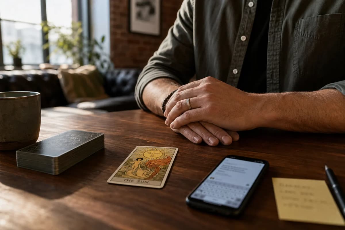 Hands beside one face-up tarot card, closed deck pushed aside, phone draft and sticky note for the next step.