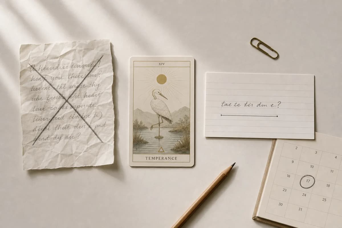 Vague crossed-out question beside a clean rewritten yes or no ask and one tarot card.