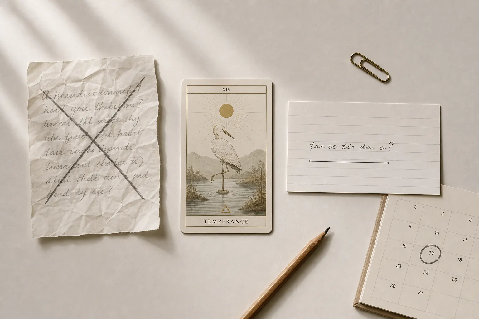 Vague crossed-out question beside a clean rewritten yes or no ask and one tarot card.