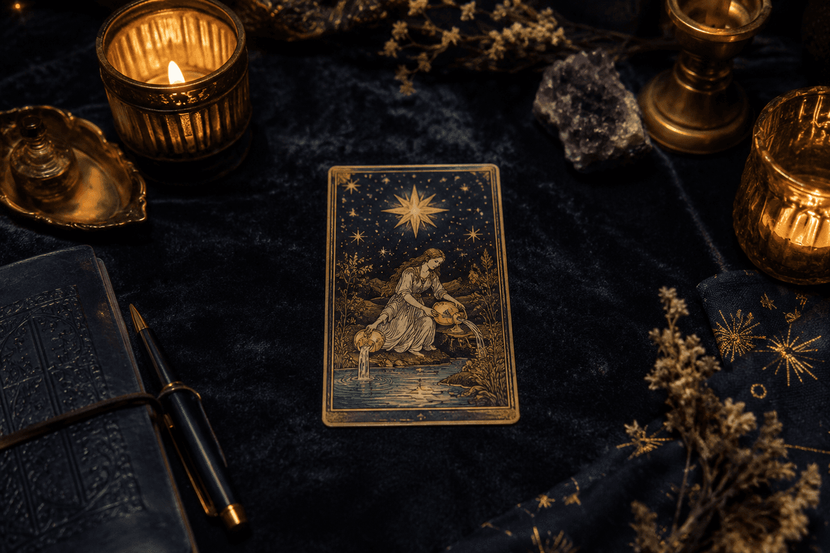 One card tarot reading image showing a single drawn tarot card in a calm mystical setting