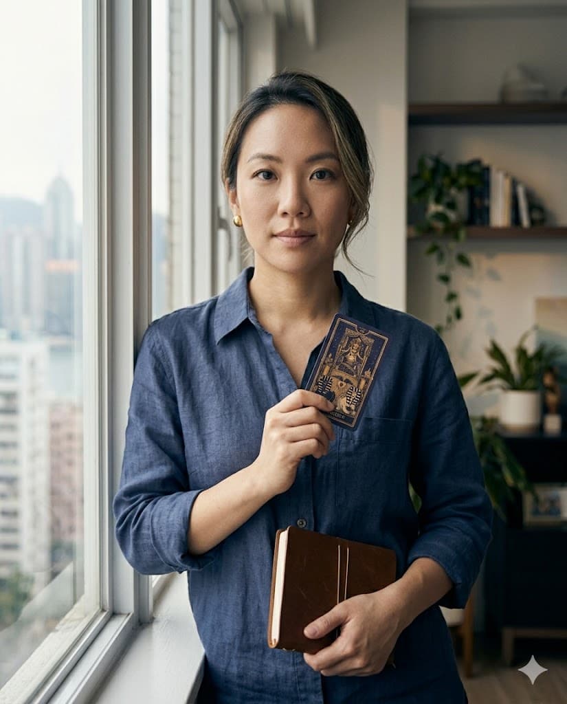 Promotion Timing Tarot image: a calm professional holding a tarot card and notebook, ready to decide the next career move.
