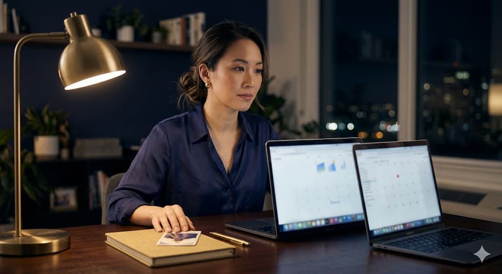 Promotion Timing Tarot image: a professional at a desk with a tarot card and notebook, reflecting on promotion pressure and career momentum.