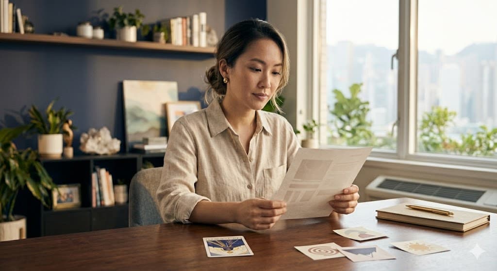 Promotion Timing Tarot image: a professional preparing an impact summary for a promotion conversation, with a tarot card on the table.