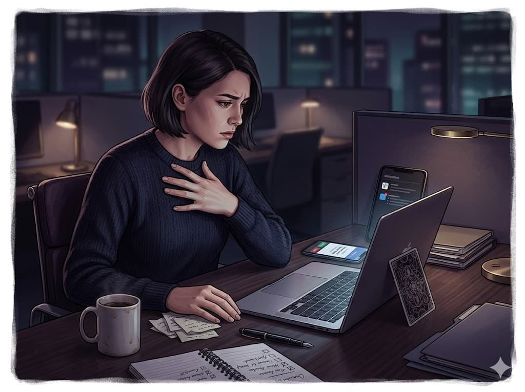 Quit My Job Tarot illustration: a professional at a late-night desk, holding their chest after a work notification, with a tarot card nearby.