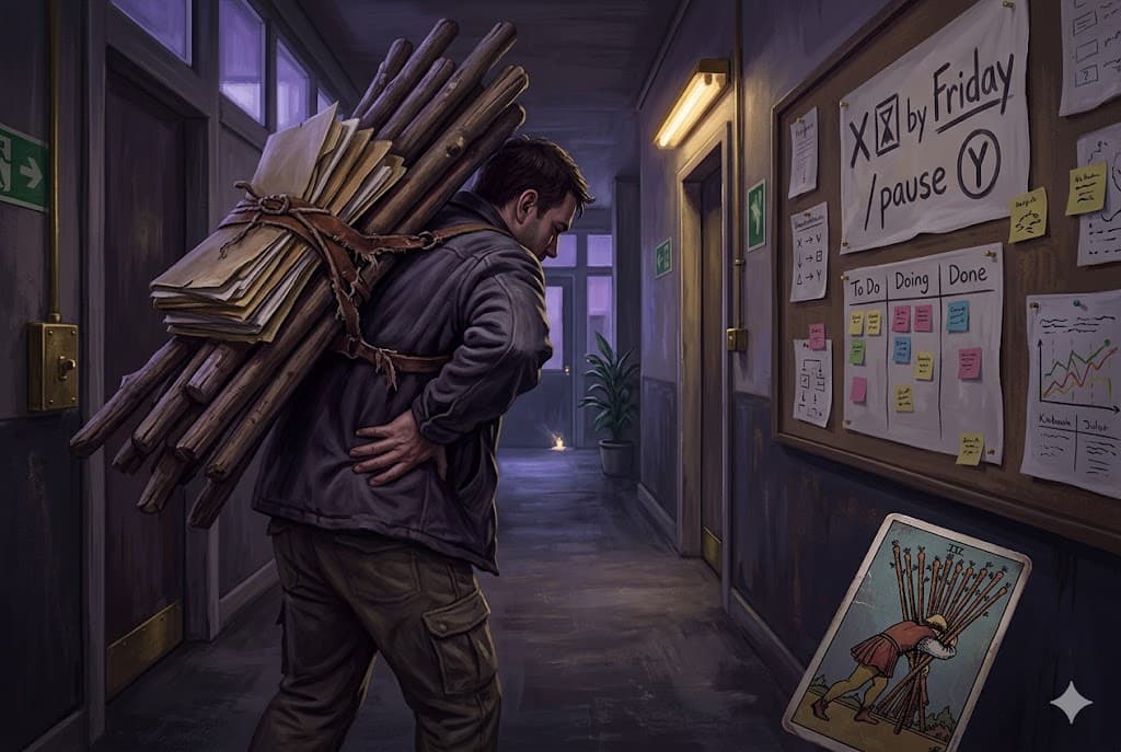 Quit My Job Tarot illustration: an overwhelmed worker carrying too much in an office hallway, symbolizing burnout and boundaries.