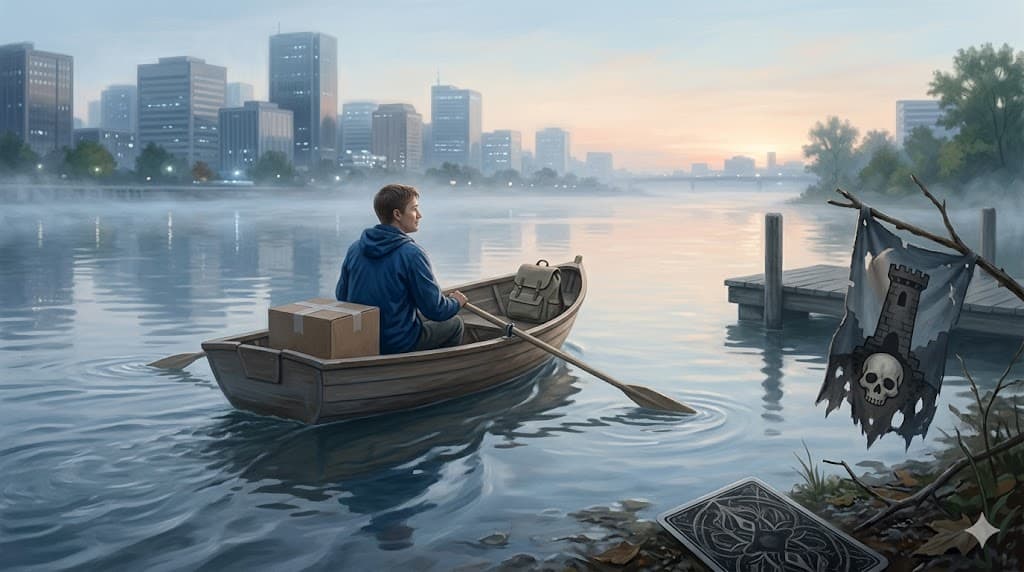Quit My Job Tarot illustration: a person rowing a small boat away from the city at dawn with a box and bag, symbolizing a calm transition.