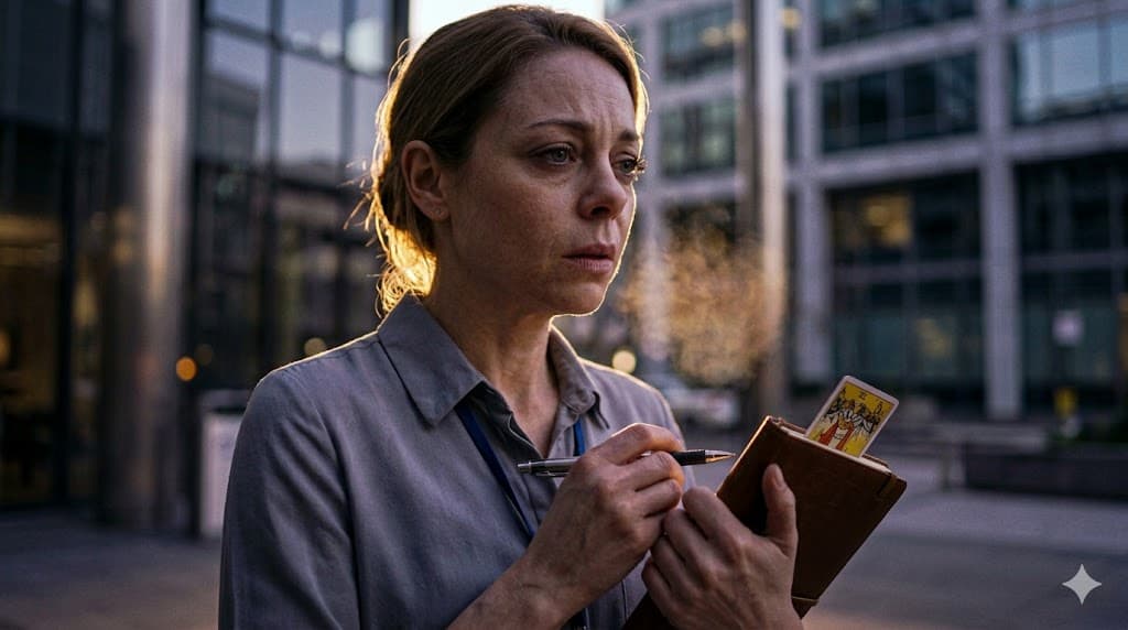Toxic Boss Tarot image: a professional outside an office, exhaling and writing in a notebook with a tarot card visible, choosing a clear next step.