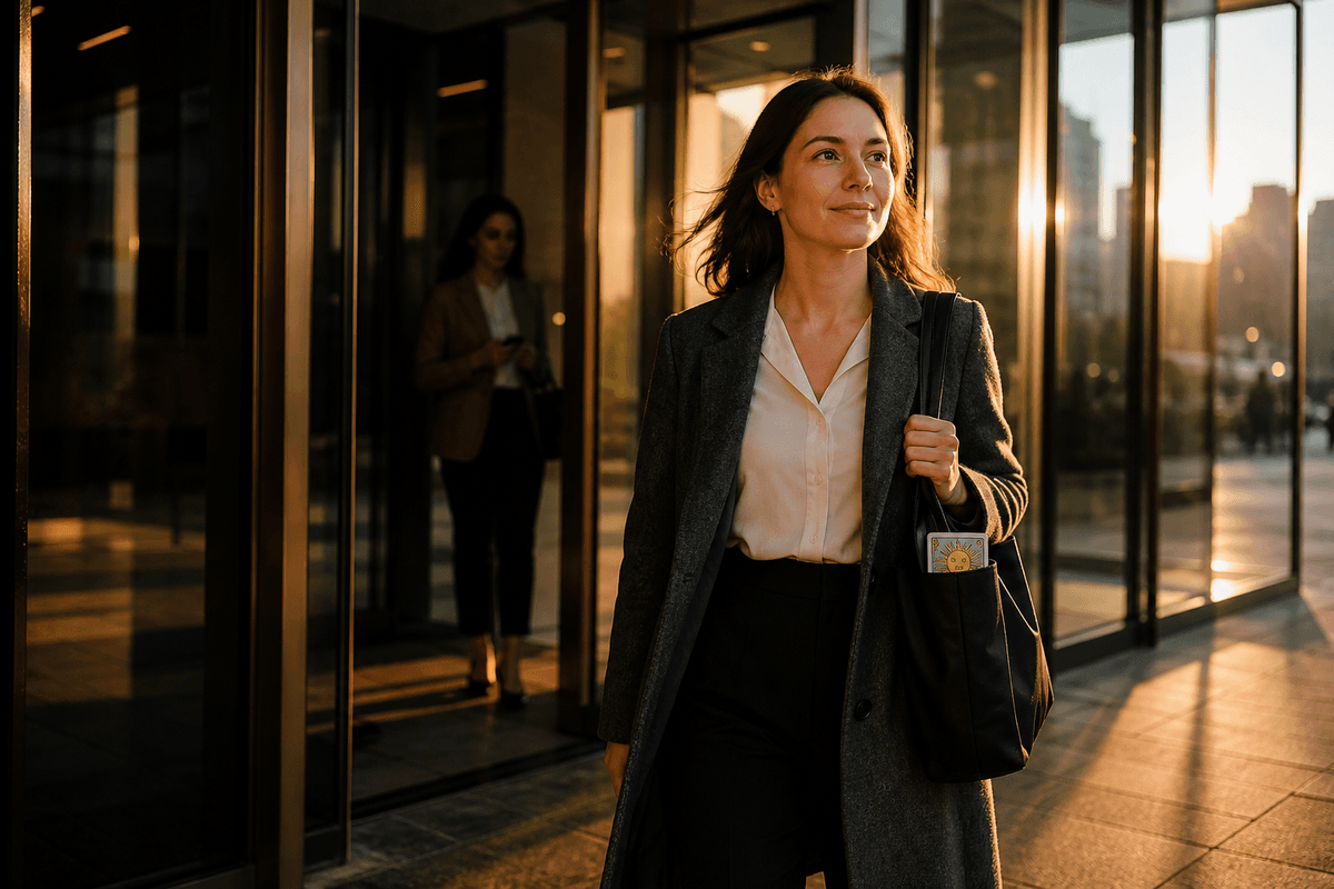 Professional leaving an office building at golden hour with a tarot card nearby, symbolizing job interview momentum.
