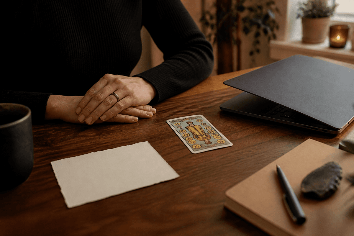 Hands near one face-up tarot card and a half-closed laptop after a job interview.