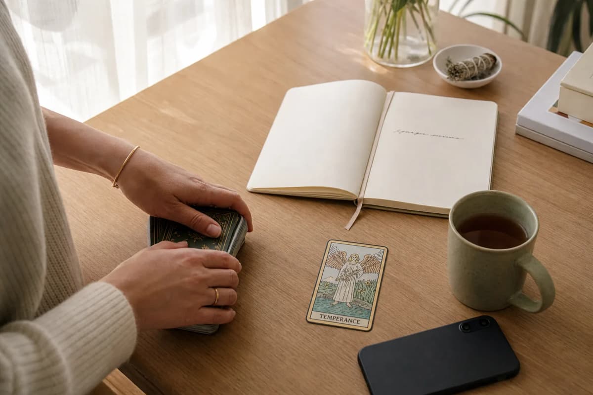 Hands close a tarot deck beside one face-up card, phone face-down, and a short next-step note.