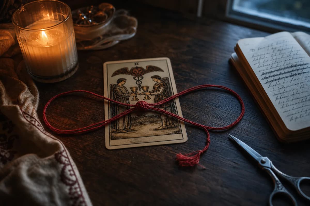 Crimson thread looped in a knot beside one tarot card, symbolizing repeating relationship patterns.