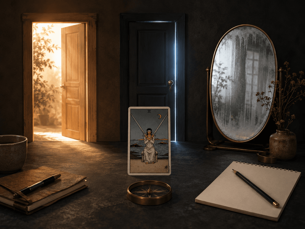 Conceptual yes or no tarot still life: one card between an open sunlit door, a closed door with a cool light crack, a compass, journals, and a mirror for wait or reframe.
