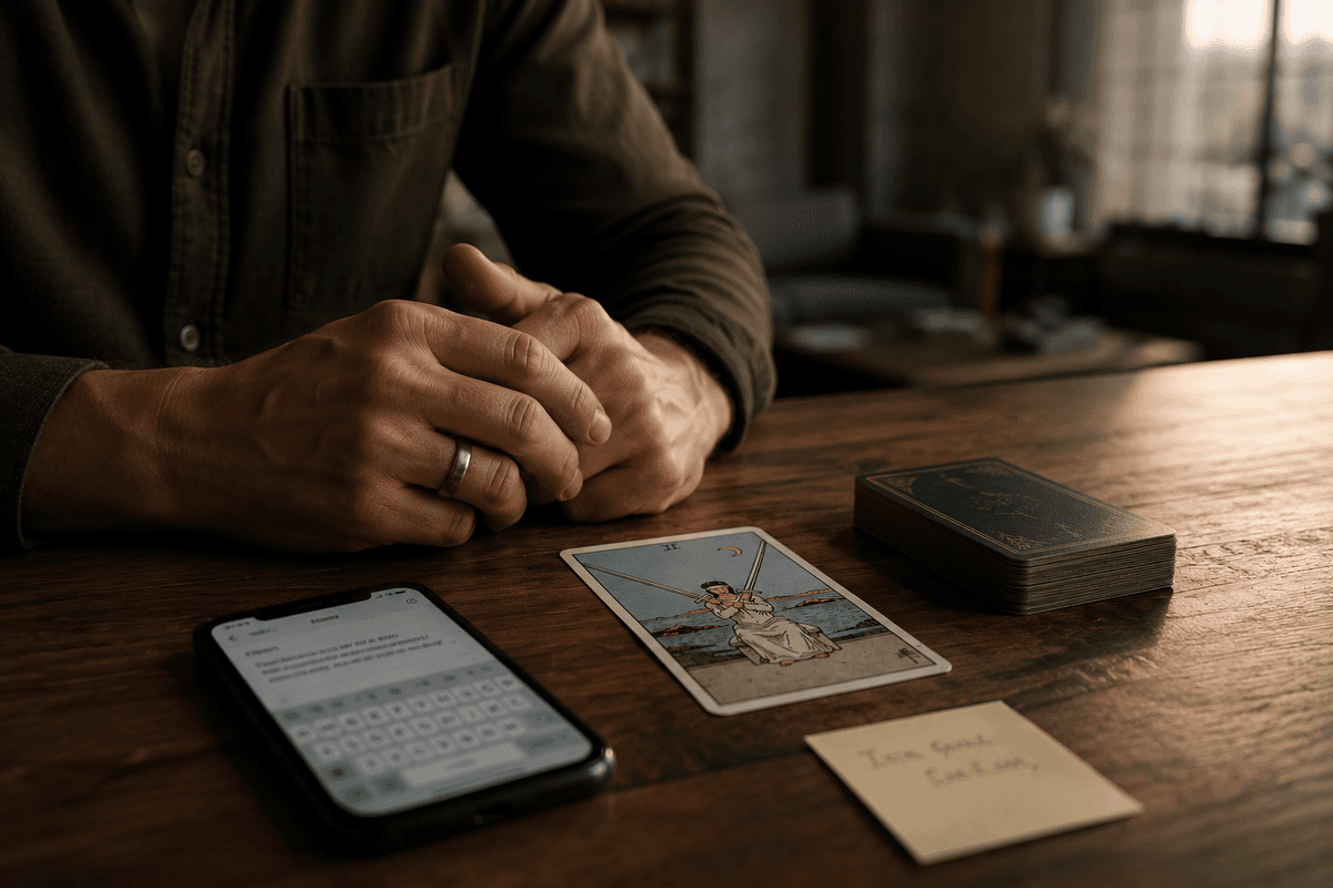 Hands rest on a wooden desk beside one face-up tarot card, a closed deck pushed aside, a phone draft, and a short action note.