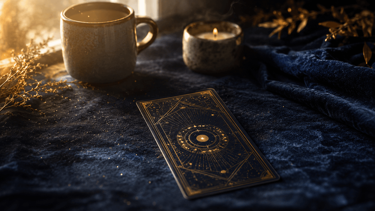 A calm daily tarot hero scene with a single tarot card and warm candlelight.