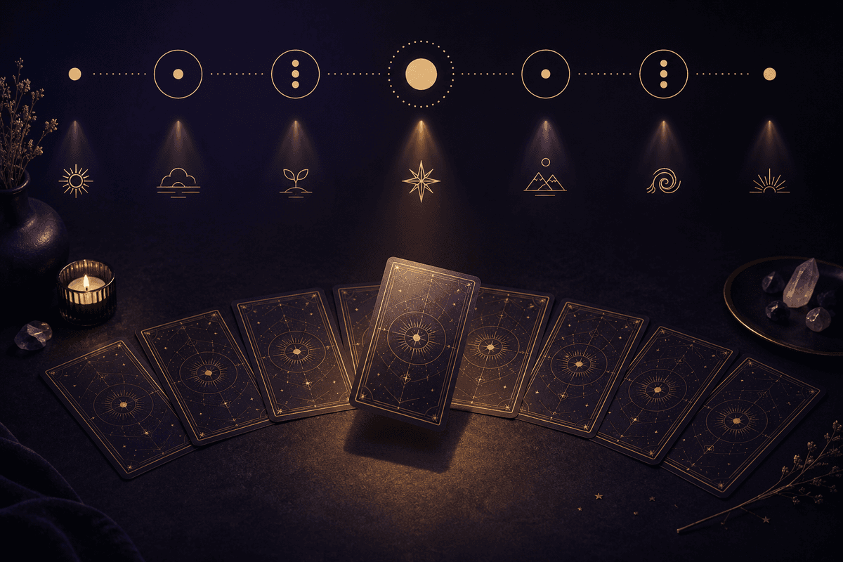 A simple visual showing how a daily tarot draw works with a small arc of cards and one selection.