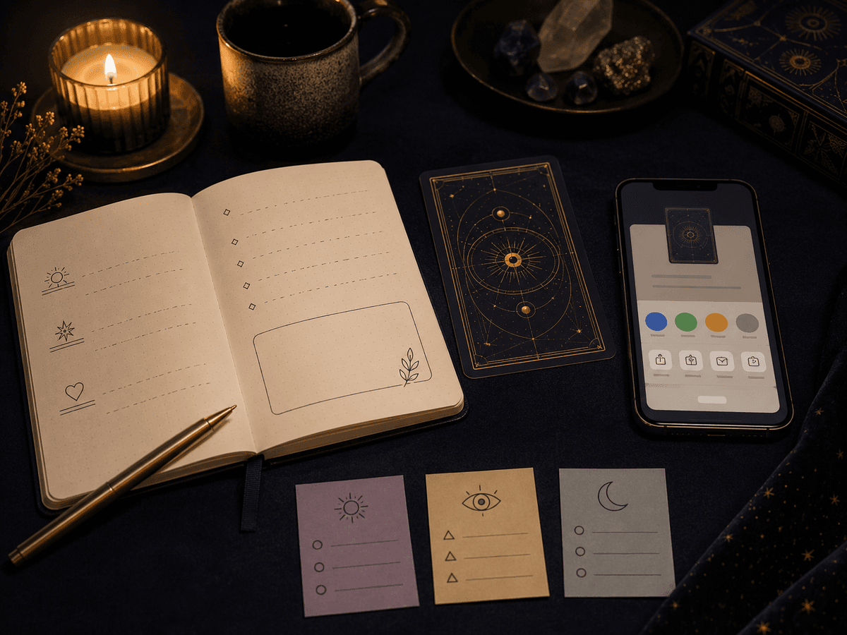 A share-ready daily tarot image with a tarot card, keywords, and a short message.