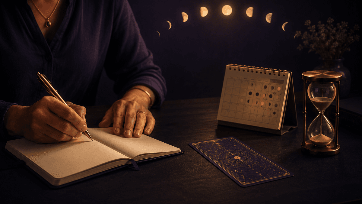 Hands journaling beside a tarot card, an hourglass, and a calendar under soft moonlike light, symbolizing timing and the next grounded step.