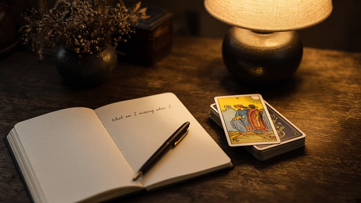 Does he miss me tarot preparation: a half-revealed card, blank journal, and pen before an honest draw.