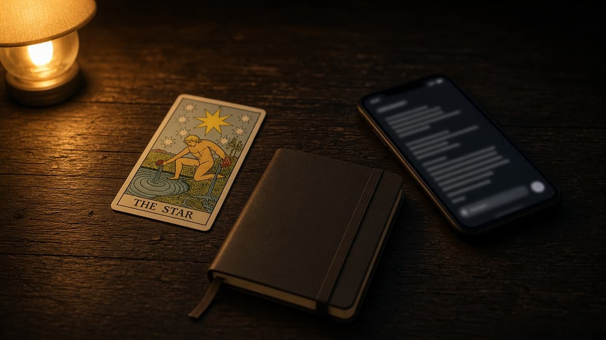 Does he miss me tarot reading: one face-up card beside a notebook and an unfinished message draft.