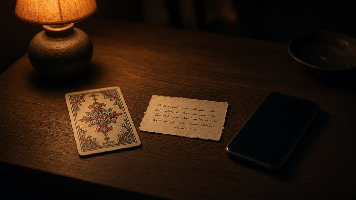 Does he miss me tarot: face-down phone, one card, and a quiet note on a wooden desk after silence.