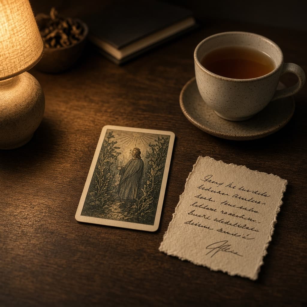 Draw single tarot result: one upright card beside a short next-step note on a quiet desk.