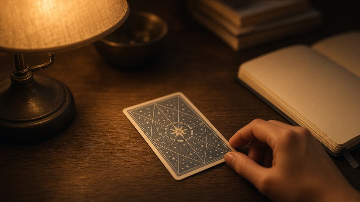 Draw single tarot: one face-down card on a quiet desk in warm lamp light, ready to pull.