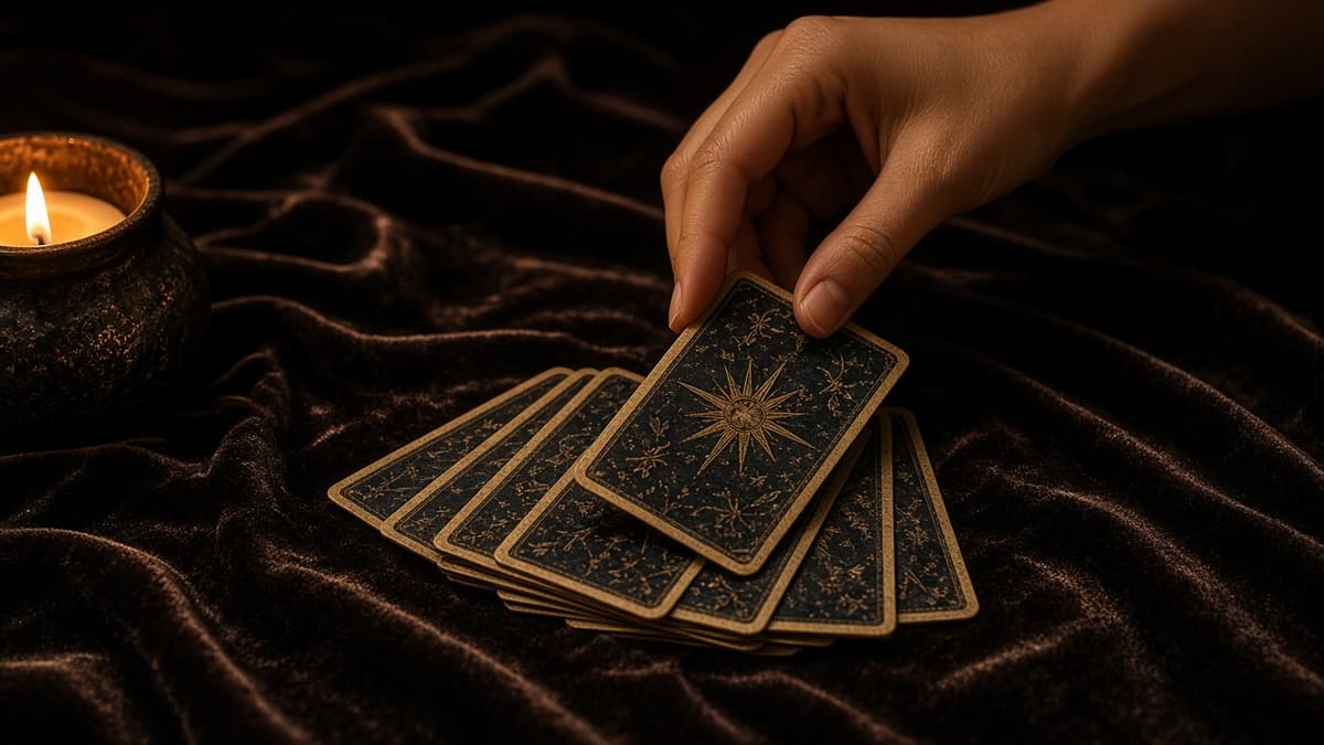 Draw single tarot: a hand selecting one face-down card from a short fan in candlelight.