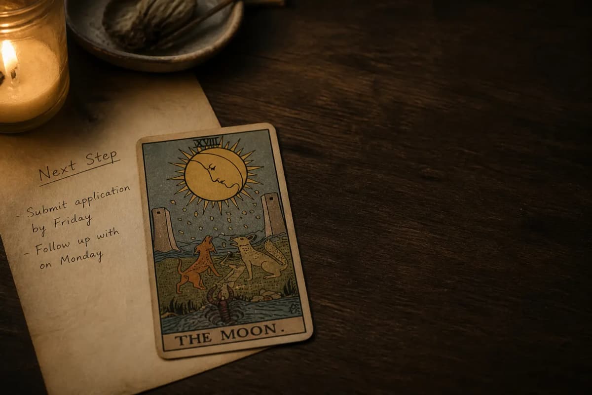 A single tarot card on cream paper beside a handwritten next-step note on a dark wooden table in soft candlelight