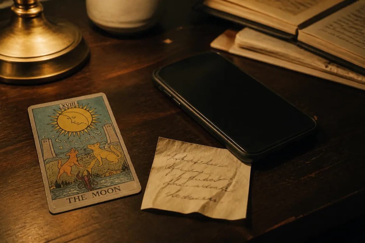 A face-down phone, one tarot card, and a handwritten note on a wooden desk in warm lamp light.