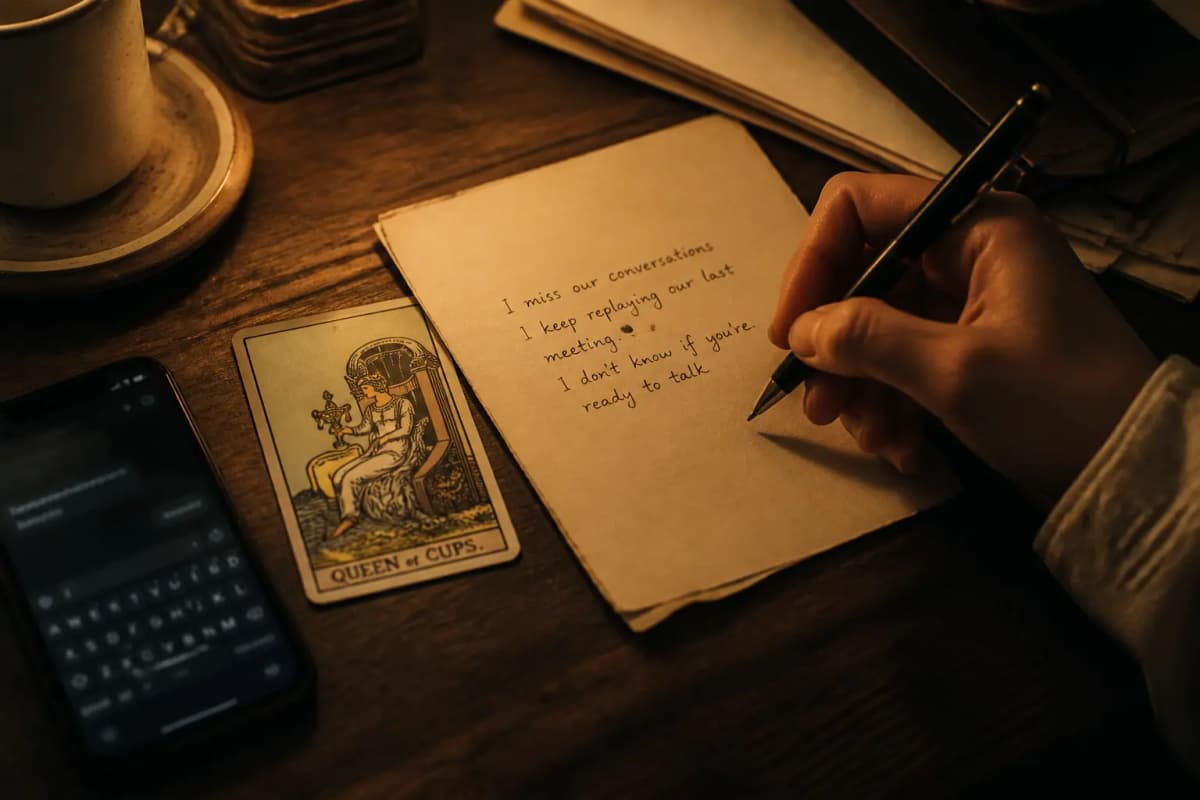 A hand hovering over a half-written note beside a tarot card and phone draft in warm lamp light.