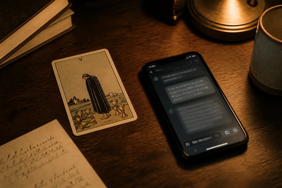 A tarot card beside a phone with an unfinished message and a handwritten note on a wooden table in warm lamp light.