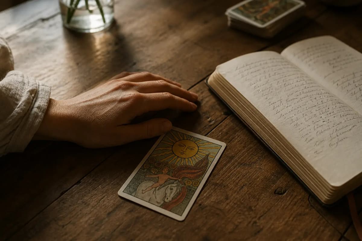 A calm hand resting beside a tarot card and open journal on a wooden desk in warm window light